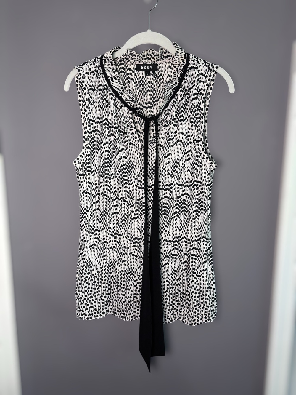 DKNY White Black Polka Dot Pleated V Neck Tie Blouse XL